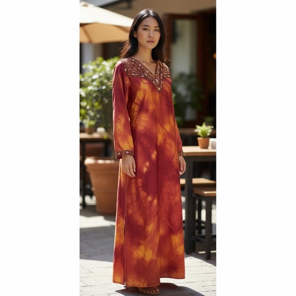 Beautiful Red Orange V-Neck 3/4 Sleeve Embroidered Kurta - Picture 1 of 16